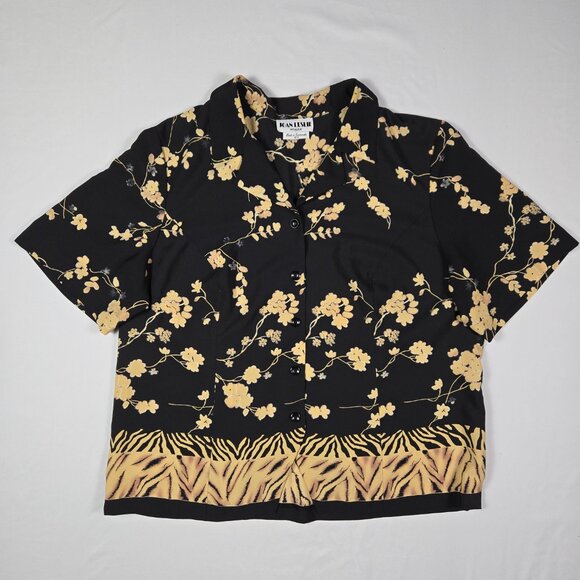 Joan Leslie Woman 18W Floral Button‎ Up Blouse Black Beige Short Sleeve Top - Picture 5 of 10